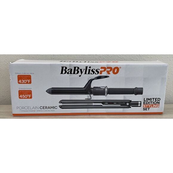 BaByliss PRO Porcelain Ceramic 1” Flat Straightener & 1” Spring Curling Iron SET - Picture 1 of 7
